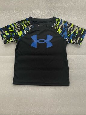 Under Armour Black Tee with Blue Logo and Camouflage Raglan Sleeves